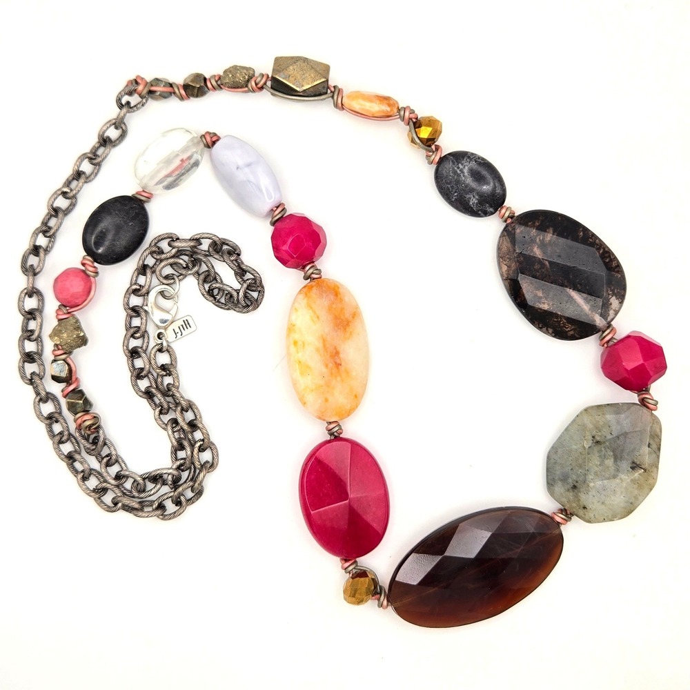 J. Jill Multi Stone Beaded Long Necklace Gunmetal Chain Pyrite Labradorite Pink